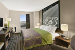 The interior of Super 8's ROADM8 is inspired by the brand's redesigned guestroom.