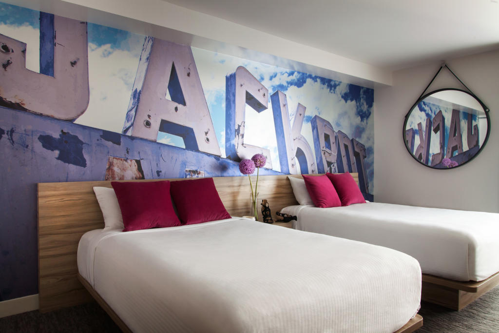 The LINQ’s 2,500 rooms each feature one of three custom-designed wall murals inspired by Las Vegas. 